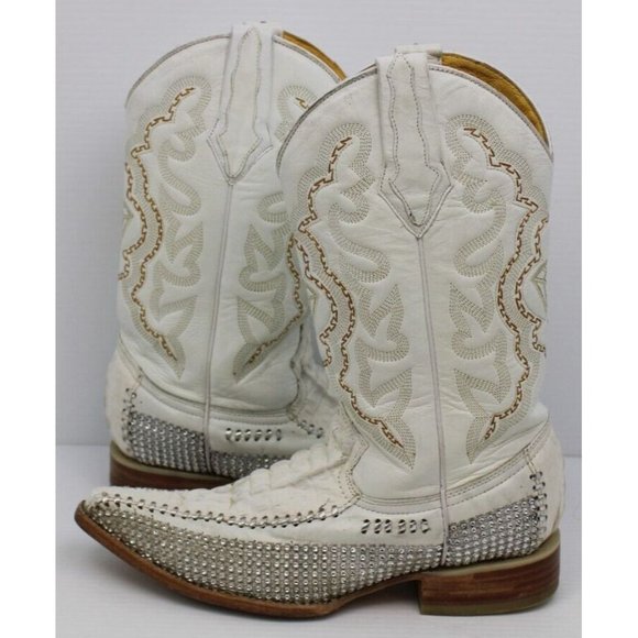 Vintage Mens White Diamond Crocodile Leather Sequin Stitched Cowboy Boots Sz 6.5 main image 5